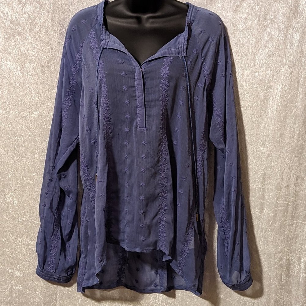 Democracy Blue Embroidered Sheer Blouse EUC